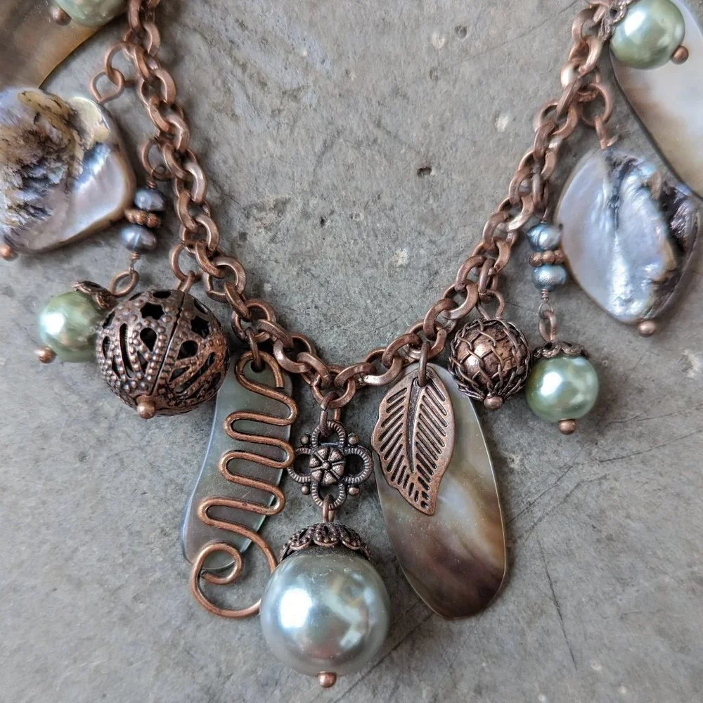 Lia Sophia Gold Broze Mother of Pearl Pendant Statement Necklace